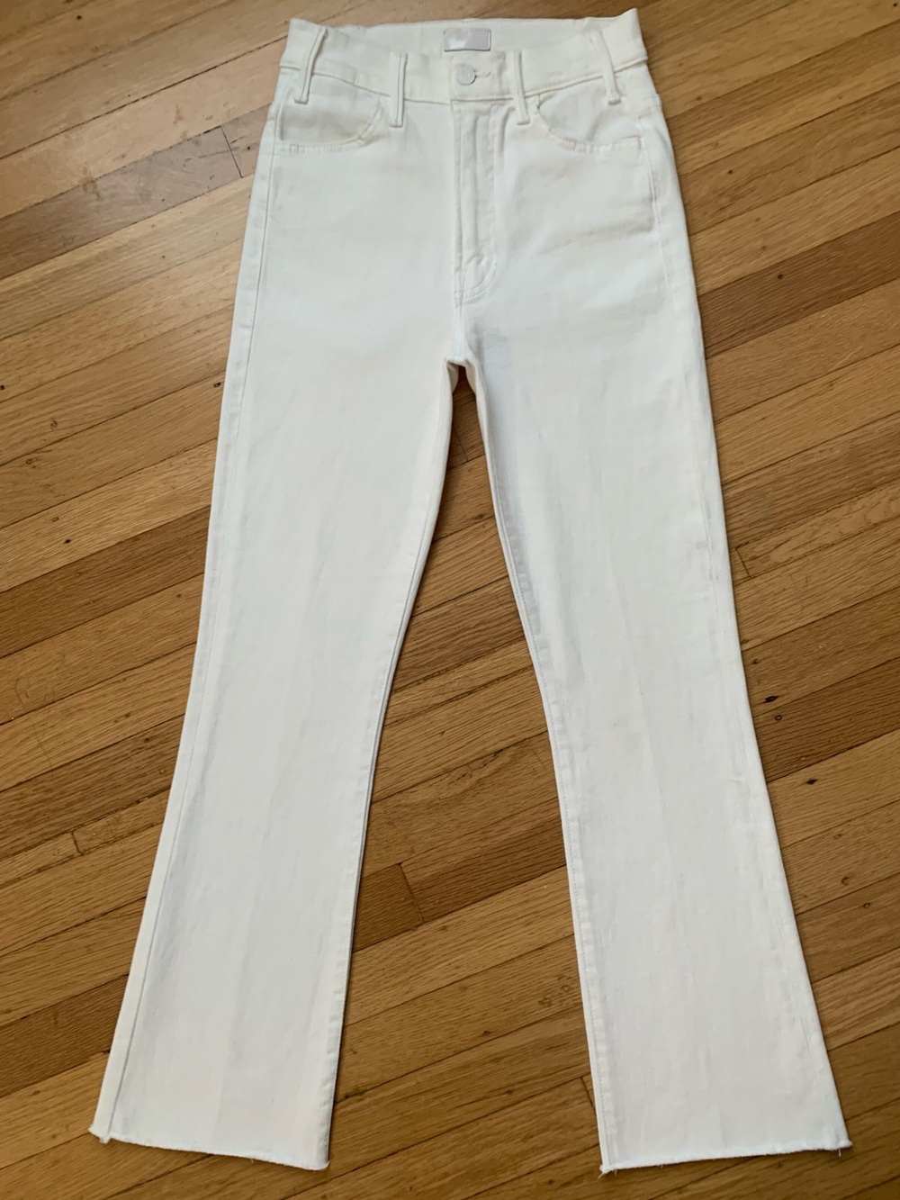 EUC MOTHER THE HUSTLER ANKLE FRAY BOOTCUT HI-RISE WHITE DENIM JEANS SIZE 25